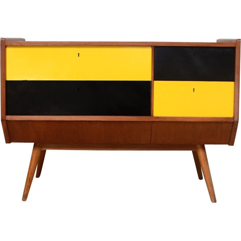 Vintage relooked yellow & black chest of drawers - 1950