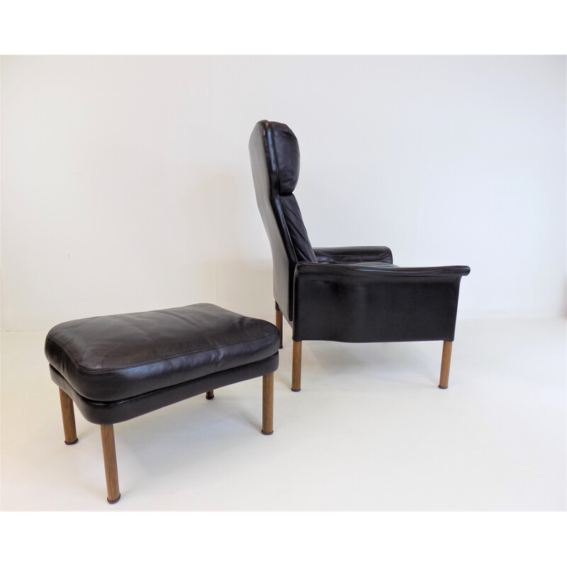 Chaise avec ottoman vintage en cuir par Hans Olsen, 1960