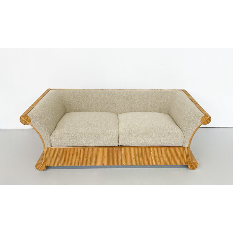 Vintage beige rattan and bouclé sofa, Italy 1960