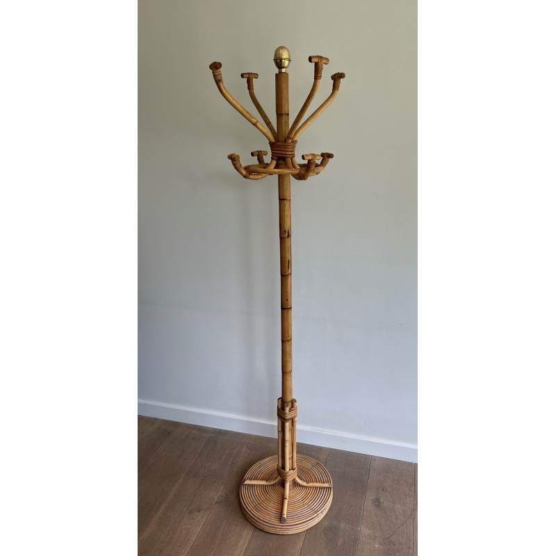 Vintage coat stand in rattan and brass, France 1970