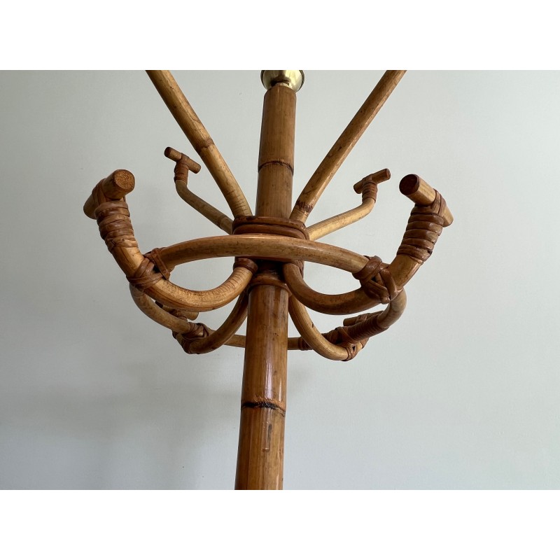 Vintage coat stand in rattan and brass, France 1970