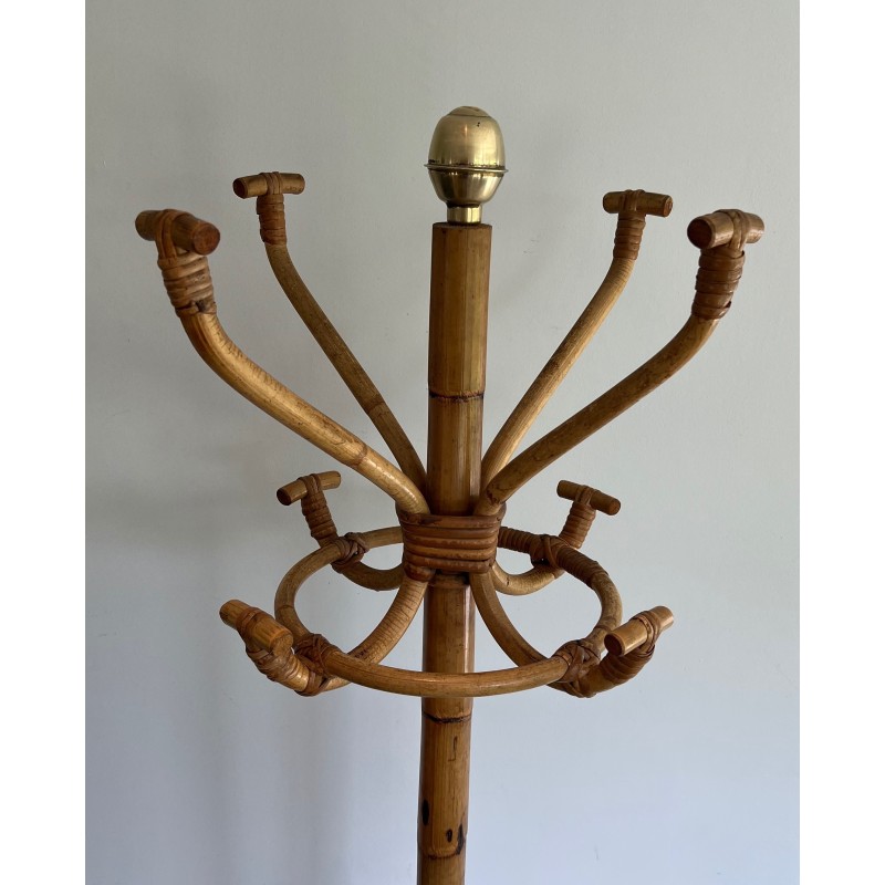 Vintage coat stand in rattan and brass, France 1970