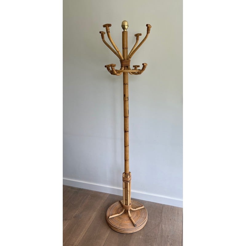 Vintage coat stand in rattan and brass, France 1970