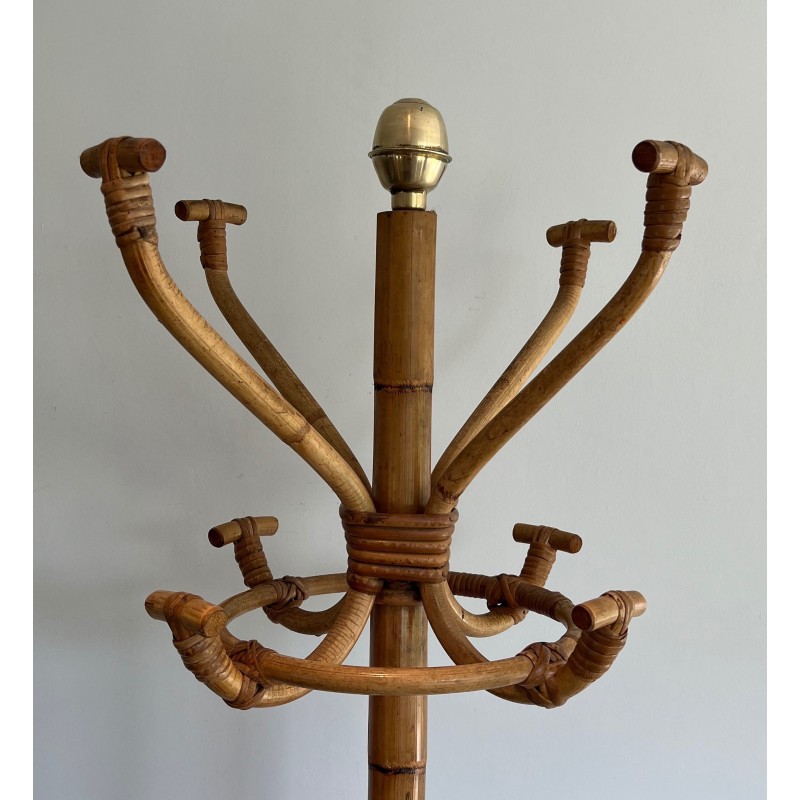 Vintage coat stand in rattan and brass, France 1970