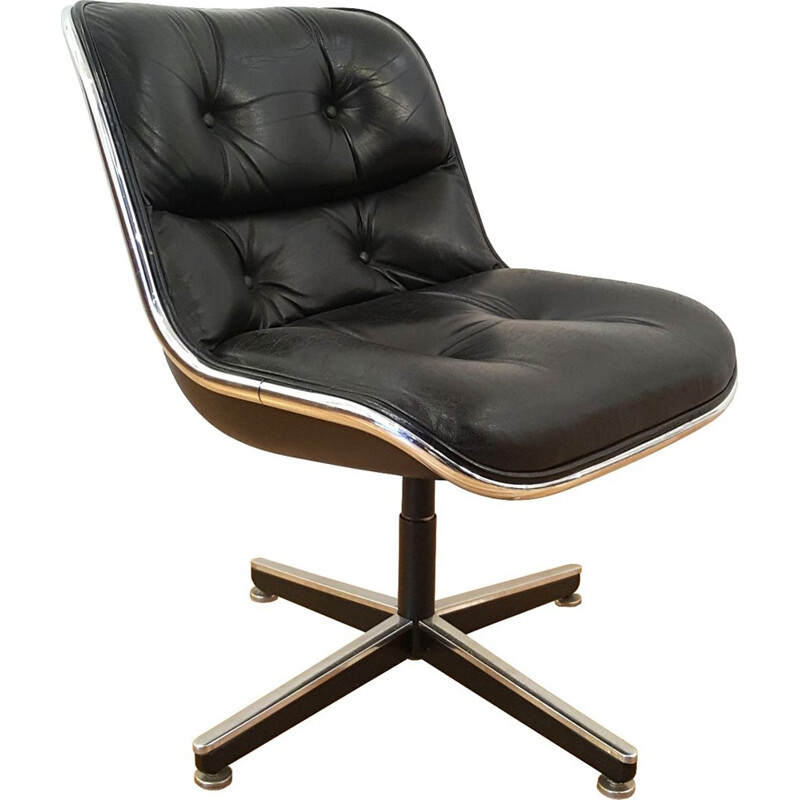 Black leather armchair by Charles Pollock for Knoll Interntional - 1970s