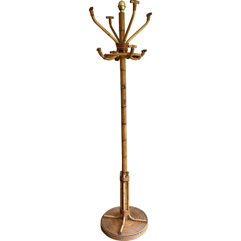 Vintage coat stand in rattan and brass, France 1970