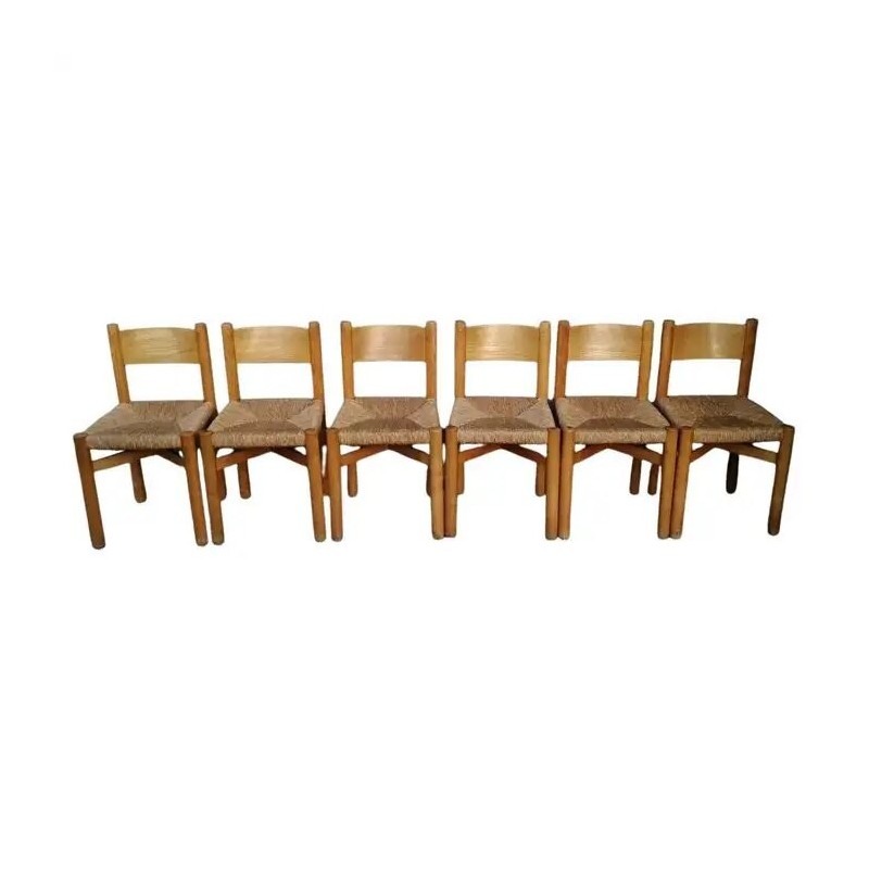 Ensemble de 6 chaises Méribel vintage en frêne et paille par Charlotte Perriand, France 1950