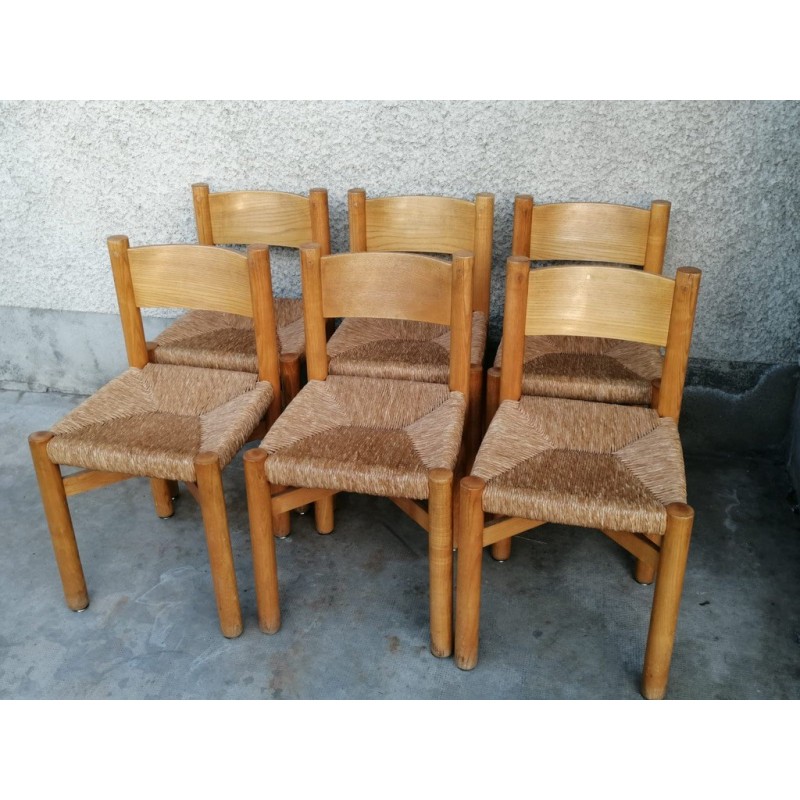 Ensemble de 6 chaises Méribel vintage en frêne et paille par Charlotte Perriand, France 1950