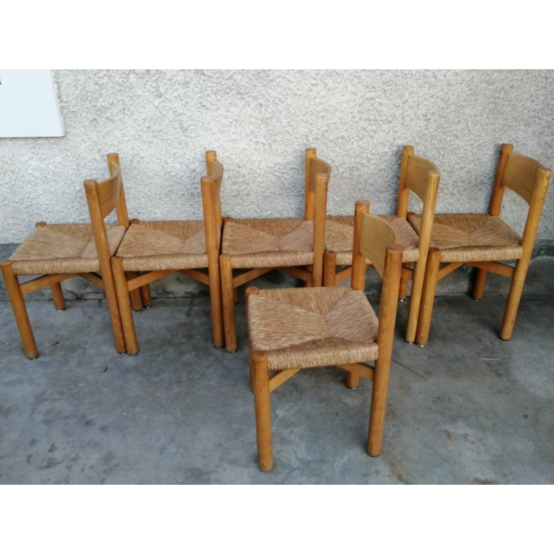 Conjunto de 6 cadeiras Méribel vintage em madeira de freixo e palha de Charlotte Perriand, França 1950