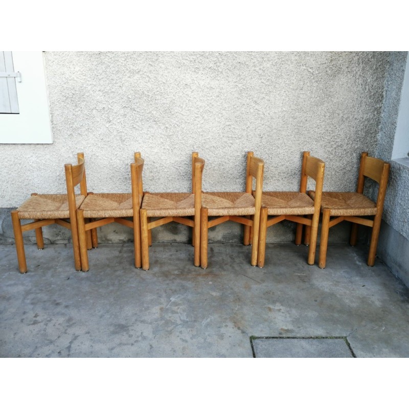 Ensemble de 6 chaises Méribel vintage en frêne et paille par Charlotte Perriand, France 1950