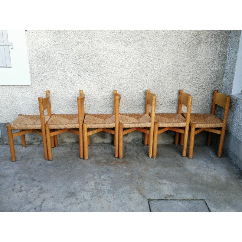 Set of 6 vintage Méribel chairs in ashwood and straw by Charlotte Perriand, France 1950