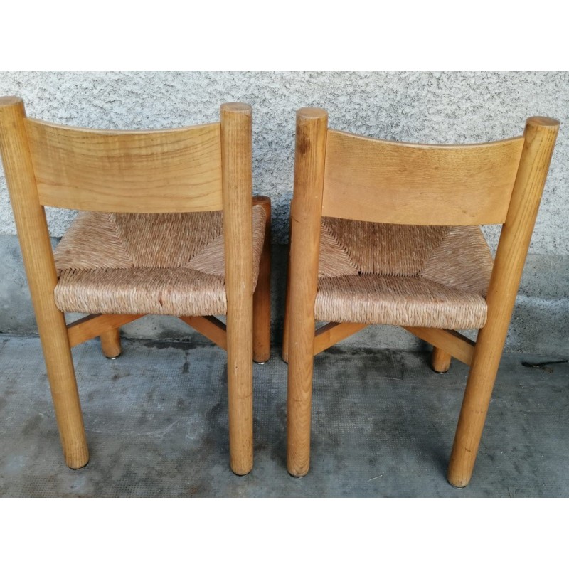 6 Stühle Méribel aus Eschenholz und Stroh von Charlotte Perriand, Frankreich 1950