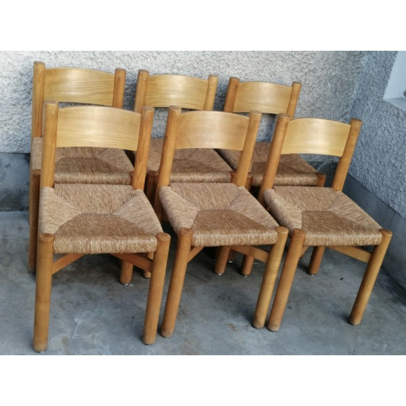 Conjunto de 6 cadeiras Méribel vintage em madeira de freixo e palha de Charlotte Perriand, França 1950