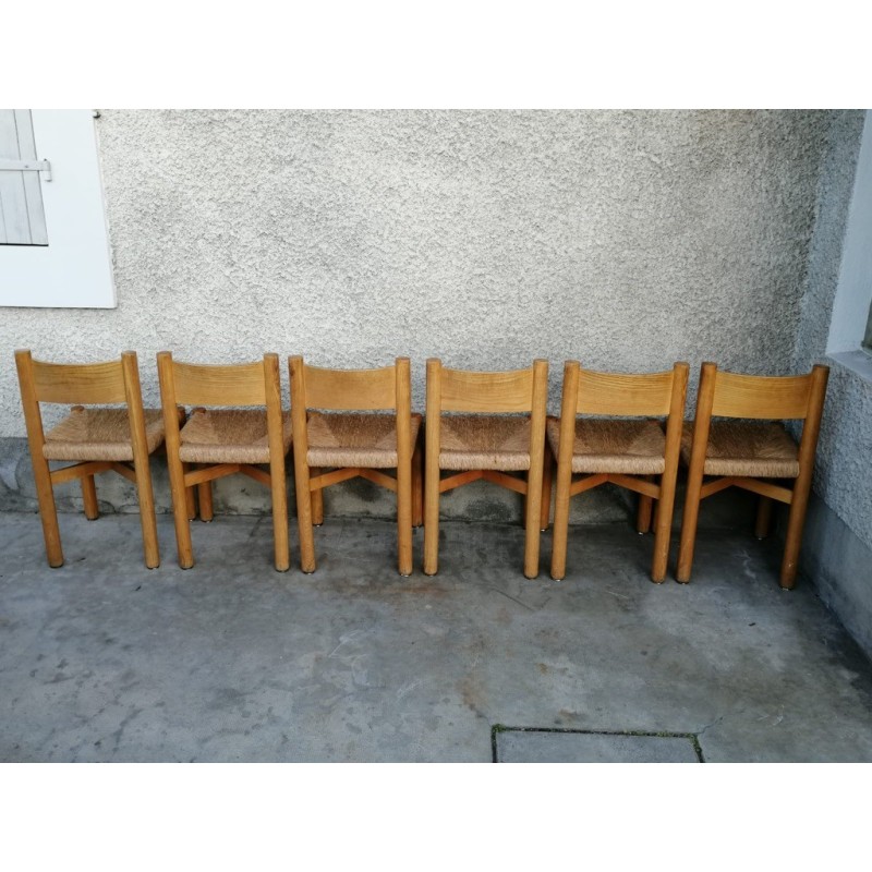 Ensemble de 6 chaises Méribel vintage en frêne et paille par Charlotte Perriand, France 1950