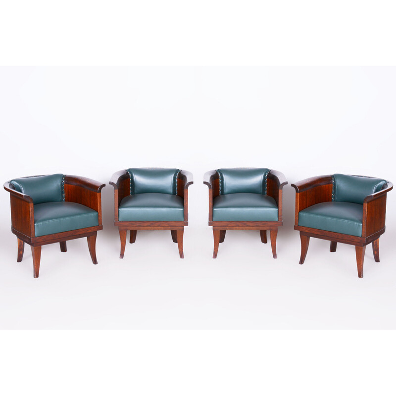 Set of 4 vintage oak and leather armchairs, Czechoslovakia 1920