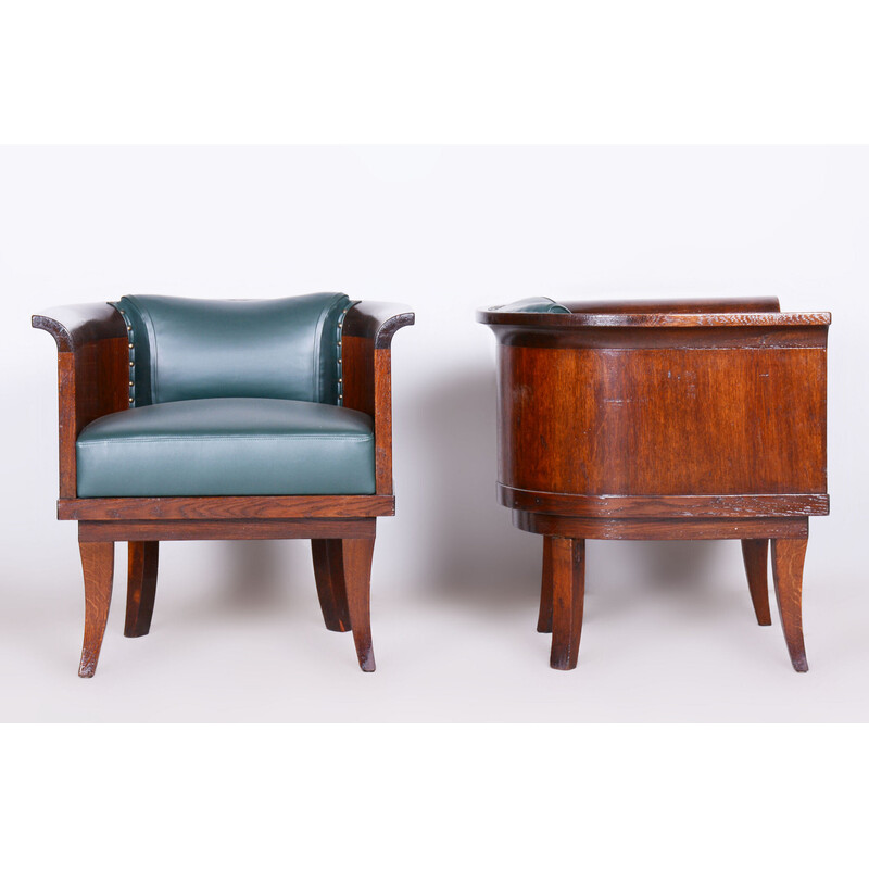 Set of 4 vintage oak and leather armchairs, Czechoslovakia 1920