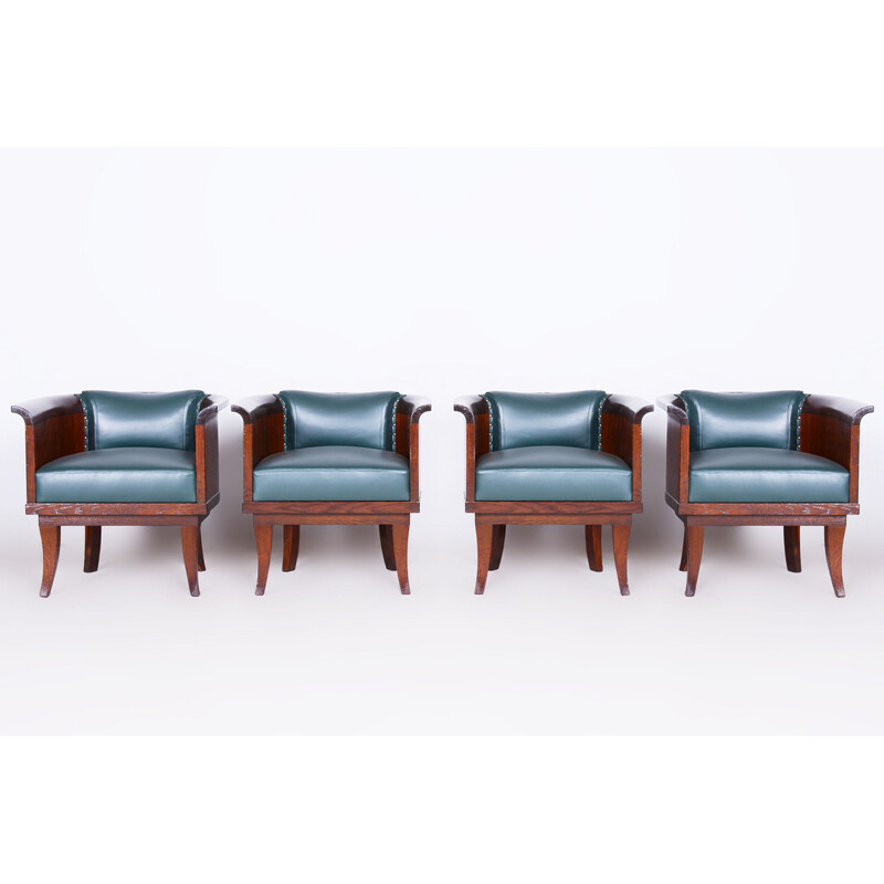 Set of 4 vintage oak and leather armchairs, Czechoslovakia 1920