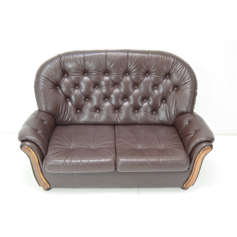 Vintage leatherette and wood sofa, Czechoslovakia 1990