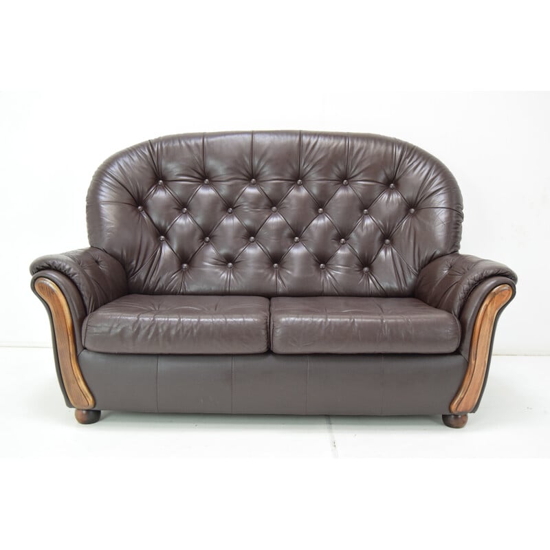 Vintage leatherette and wood sofa, Czechoslovakia 1990