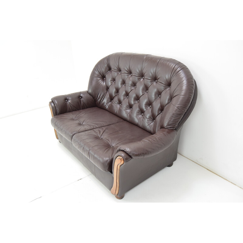 Vintage leatherette and wood sofa, Czechoslovakia 1990