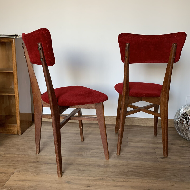 Pair of vintage red velvet and wood chairs, 1960