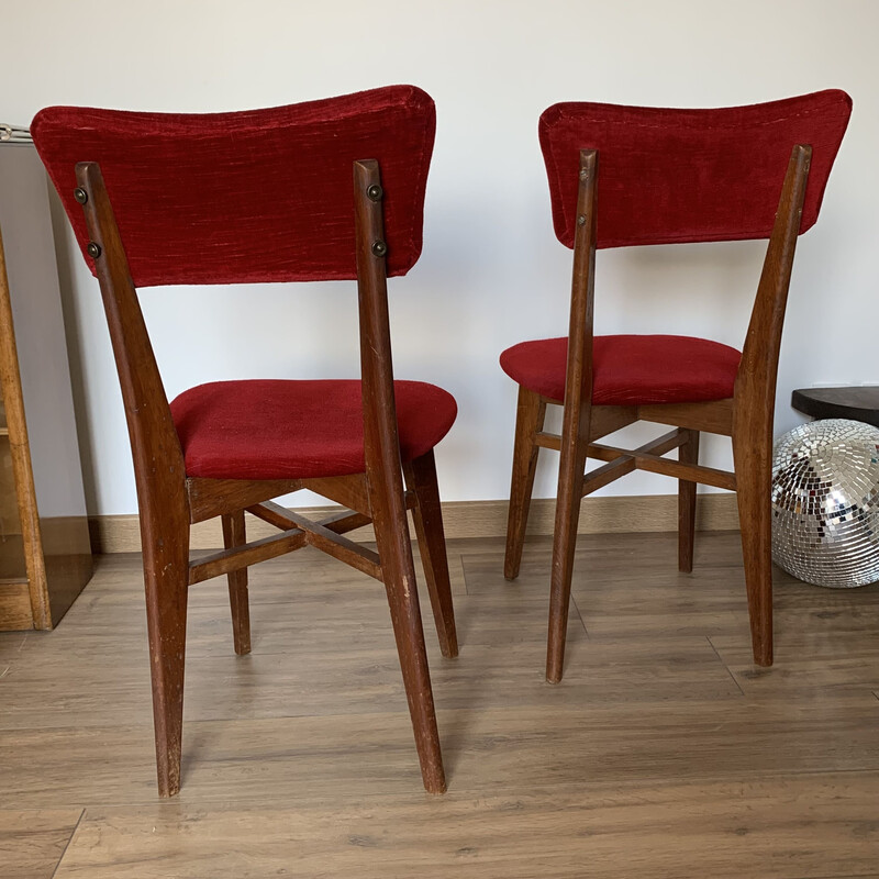 Pair of vintage red velvet and wood chairs, 1960