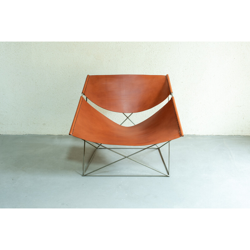 Vintage "Butterfly" armchair in metal and havana leather by Pierre Paulin, 1965