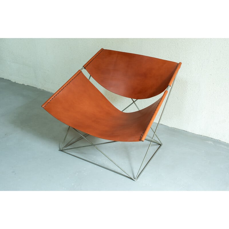 Vintage "Butterfly" armchair in metal and havana leather by Pierre Paulin, 1965