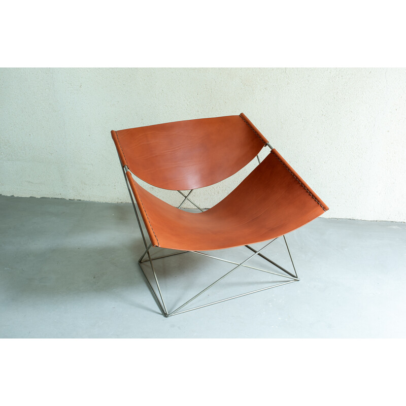 Vintage "Butterfly" armchair in metal and havana leather by Pierre Paulin, 1965