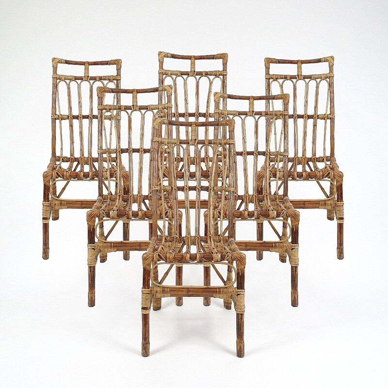 Set of 6 hand made rattan chairs - 1970s