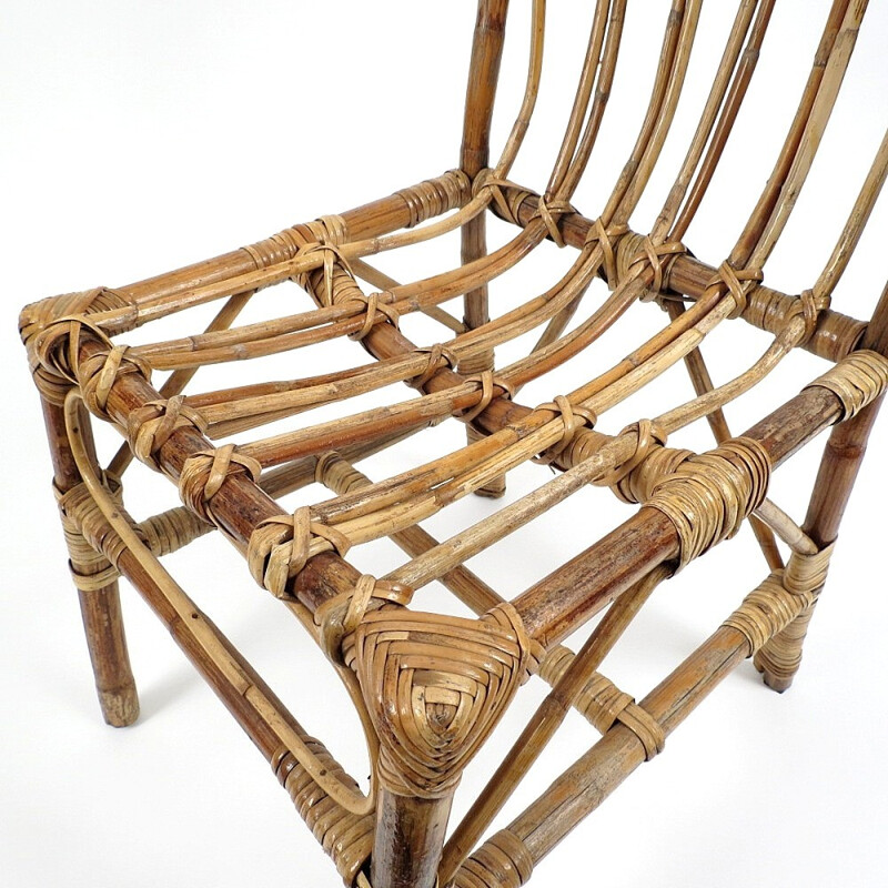 Set of 6 hand made rattan chairs - 1970s