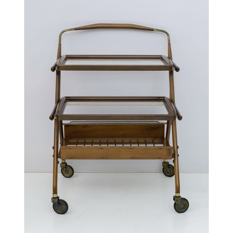 Chariot de bar vintage en noyer et laiton par Cesare Lacca pour Cassina, 1950