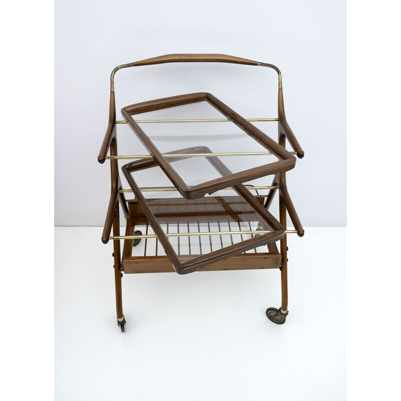 Chariot de bar vintage en noyer et laiton par Cesare Lacca pour Cassina, 1950