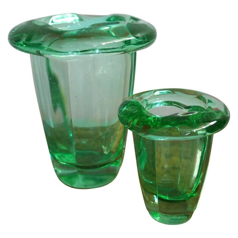 Pair of green vases in crystal produced by Daum - 1950s