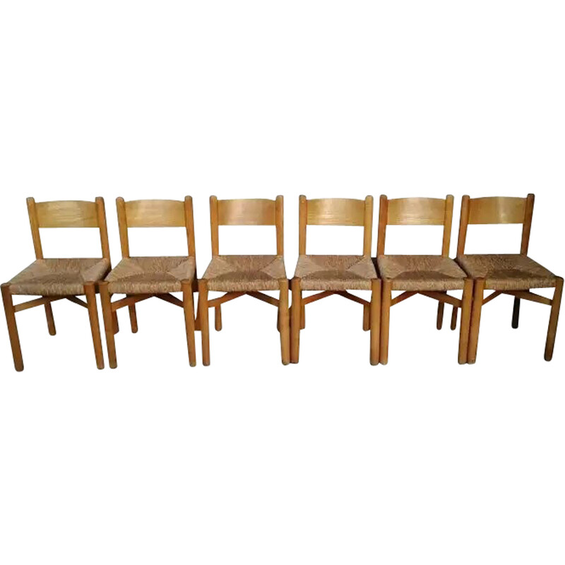 6 Stühle Méribel aus Eschenholz und Stroh von Charlotte Perriand, Frankreich 1950