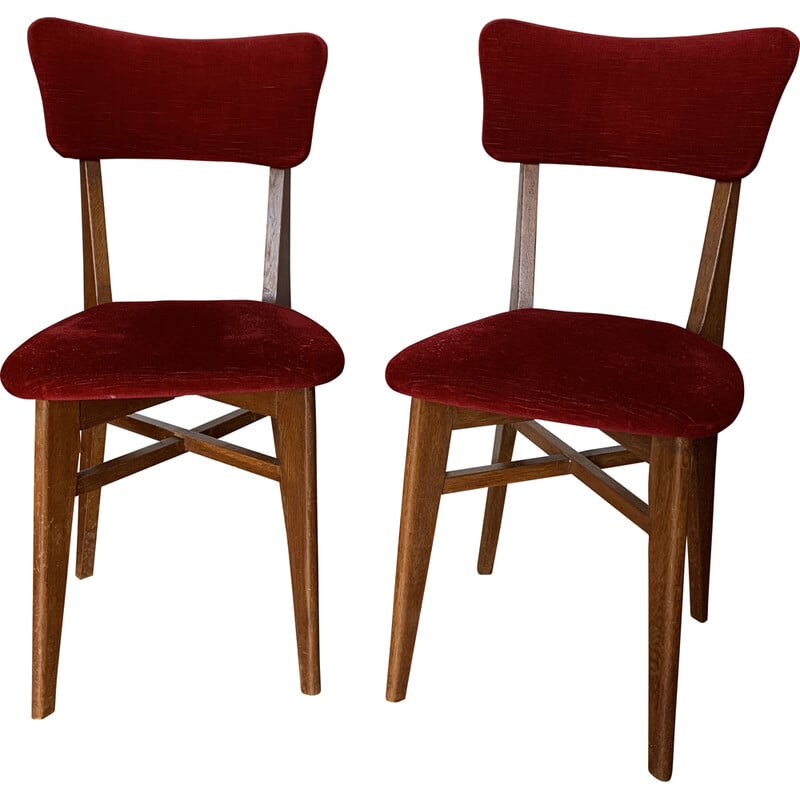 Paire de chaises vintage en velours rouges et bois, 1960