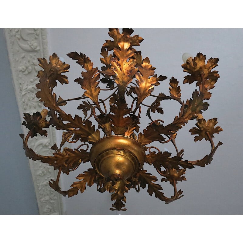 Vintage gilded metal leaf chandelier by Hans Kögl, 1960