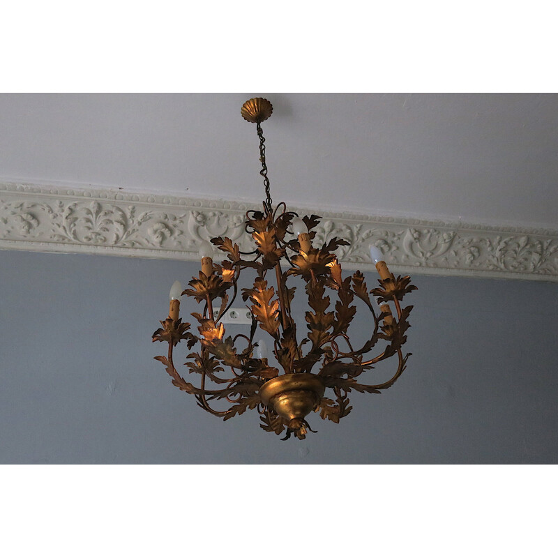 Vintage gilded metal leaf chandelier by Hans Kögl, 1960