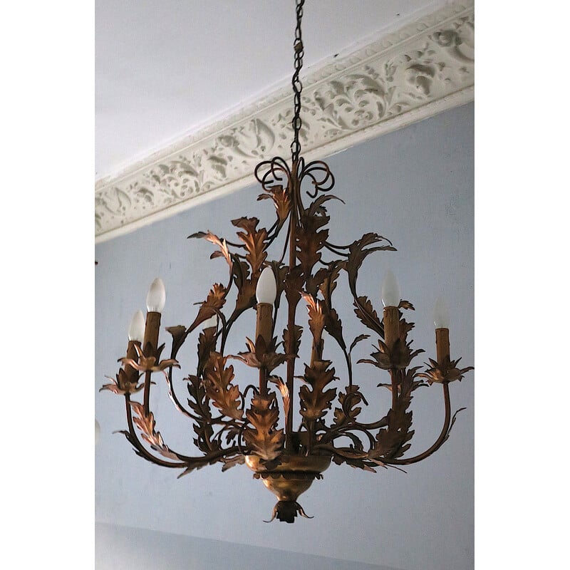 Vintage gilded metal leaf chandelier by Hans Kögl, 1960