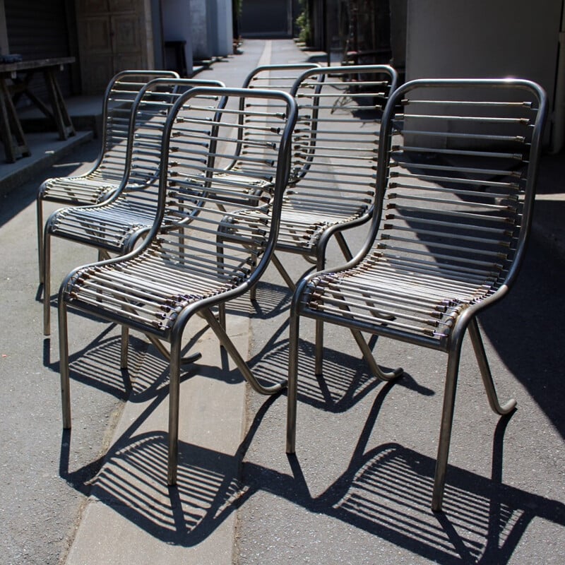 Set of 6 grey chairs in metal by Michel Dufet produced by Ecart International - 1960s 