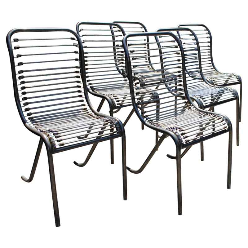 Set of 6 grey chairs in metal by Michel Dufet produced by Ecart International - 1960s 