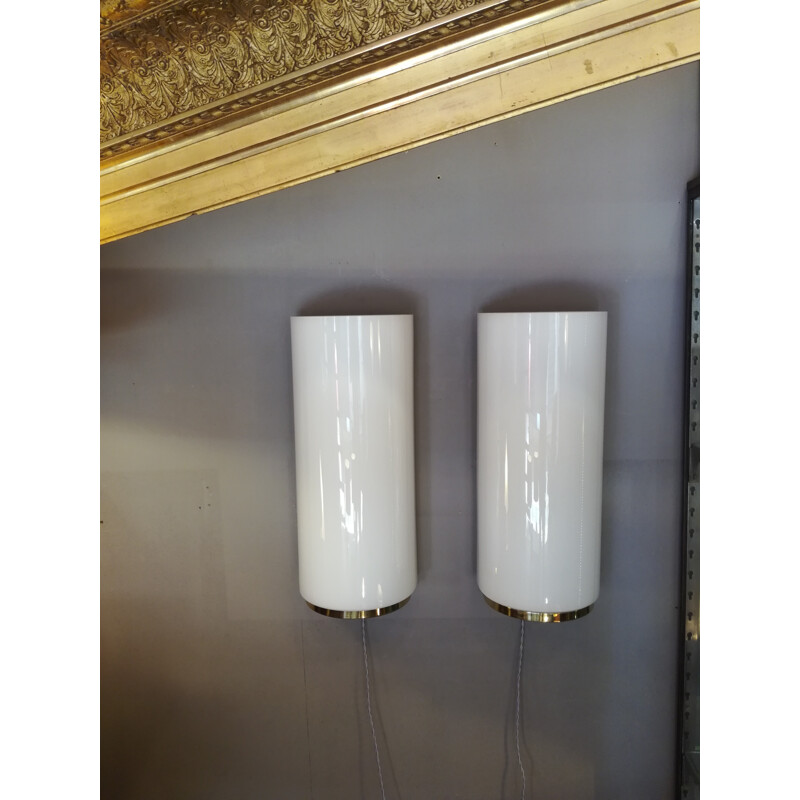 Pair of white German wall lamps produced by Glashütte Limburg - 1980s