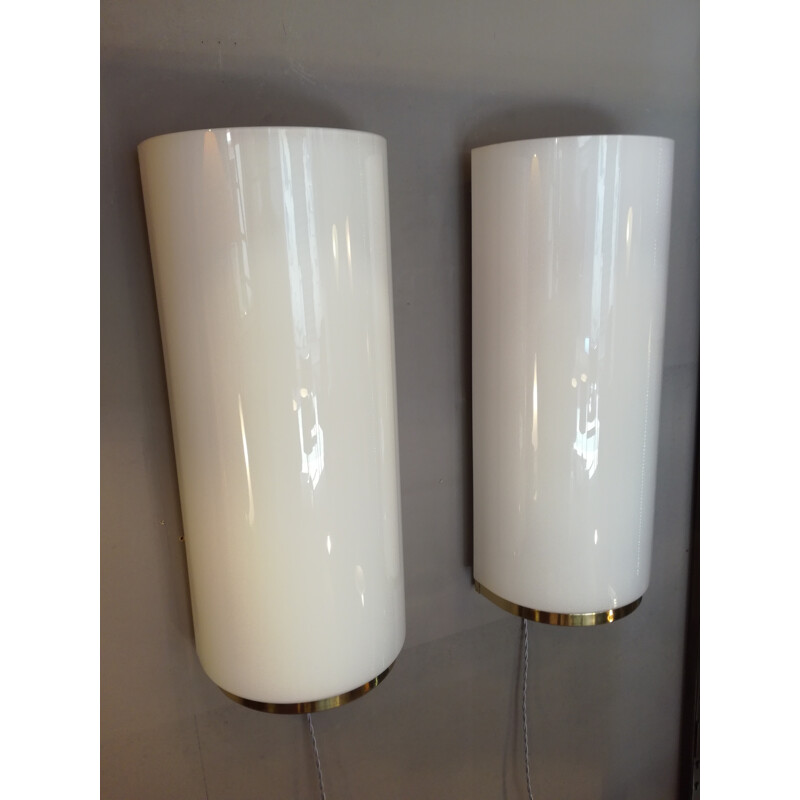 Pair of white German wall lamps produced by Glashütte Limburg - 1980s