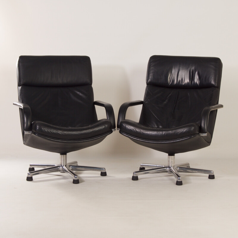 Pair of vintage black F154 swivel armchairs in leather by Geoffrey Harcourt for Artifort, 1980s