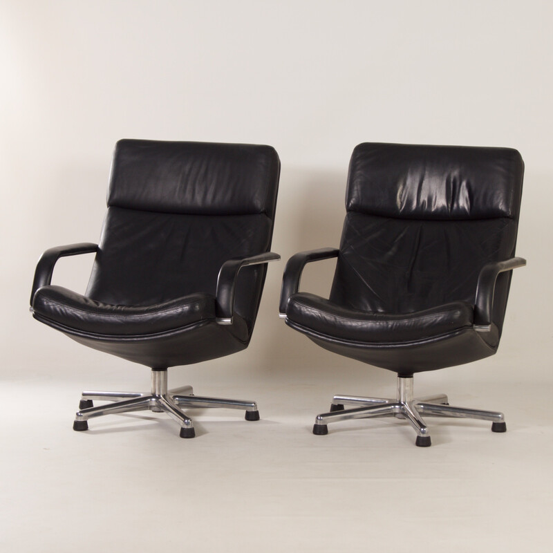 Pair of vintage black F154 swivel armchairs in leather by Geoffrey Harcourt for Artifort, 1980s