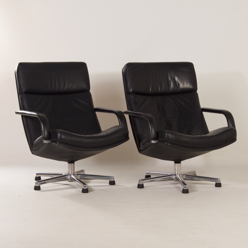 Pair of vintage black F154 swivel armchairs in leather by Geoffrey Harcourt for Artifort, 1980s