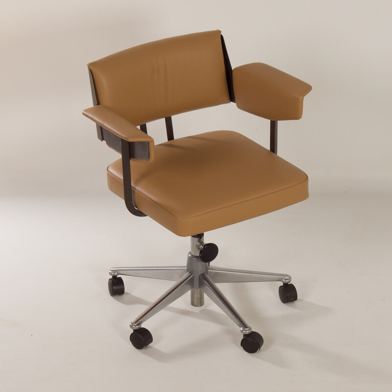 Vintage desk armchair in brown leather by Friso Kramer for Ahrend de Cirkel, 1960s