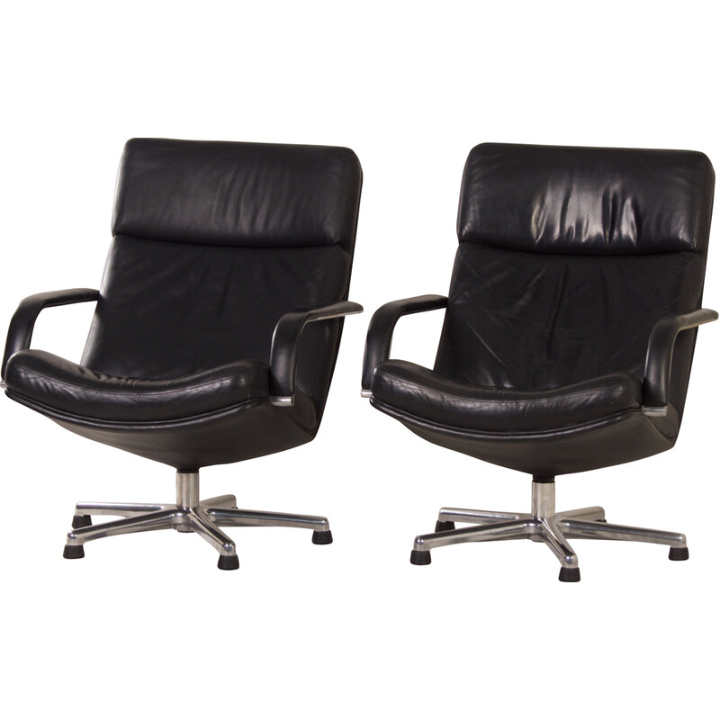 Pair of vintage black F154 swivel armchairs in leather by Geoffrey Harcourt for Artifort, 1980s