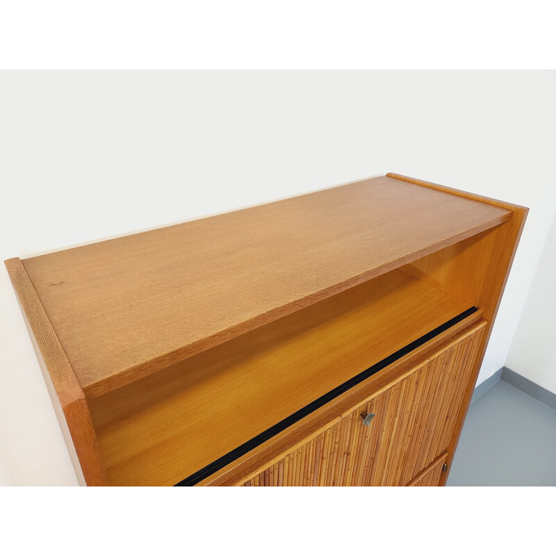 Vintage secretary cabinet in rattan and beech by Adrien Audoux and Frida Minet, 1960