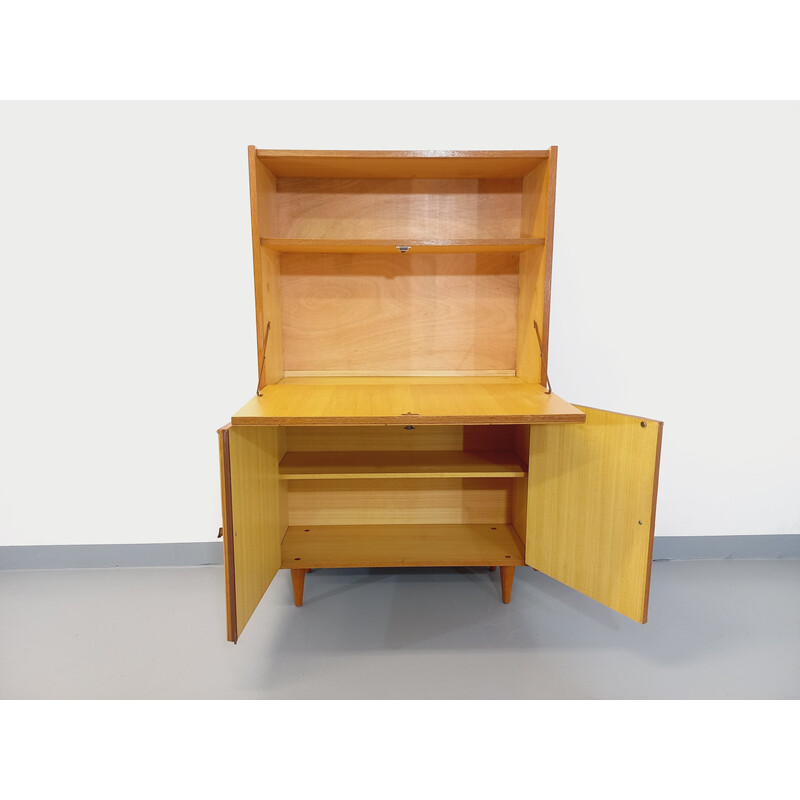 Vintage secretary cabinet in rattan and beech by Adrien Audoux and Frida Minet, 1960